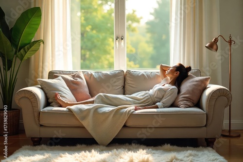 Relaxing afternoon spent lounging on a plush, comfy living room sofa, sunlight streaming through the window Perfect for rest and rejuvenation , textile, natural light, fabric