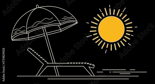 A minimalist illustration of a beach chair and umbrella under a bright sun, suggesting a relaxing vacation.