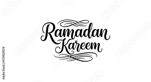 Ramadan Kareem greeting in elegant black handwritten calligraphy with flourishes on a white background.