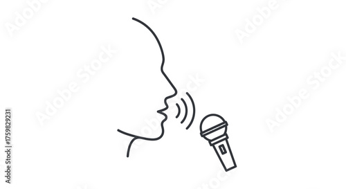 A line drawing of a person speaking into a handheld microphone, capturing audio.