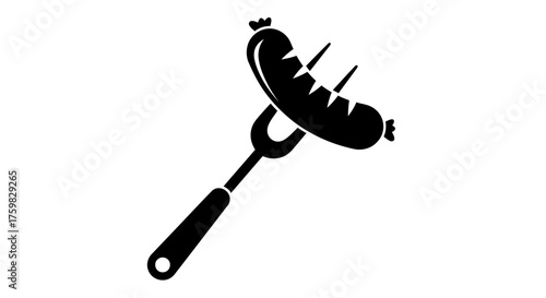 A black silhouette of a sausage on a fork, ready for grilling or eating.