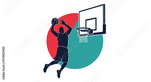 Silhouette of a basketball player in mid-air about to perform a slam dunk against a colorful circular background.