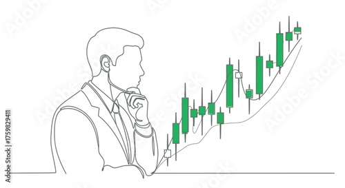 Continuous line drawing of a thoughtful businessman observing an upward-trending stock market chart with green candlesticks.