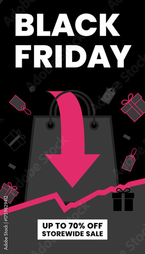 Black Friday sale promotion with shopping bag gift boxes and price tags Great savings