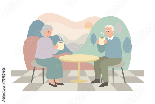 Happy senior couple enjoying warm coffee outdoors symbolizing relaxed retirement and companionship