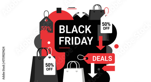 Black Friday sale banner illustration with shopping bags and 50 off price tags for holiday deals