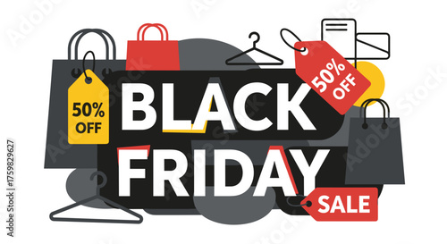 Black Friday sale banner illustration with shopping bags and discount tags