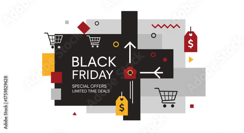 Black Friday sale banner with abstract geometric shopping and discount elements