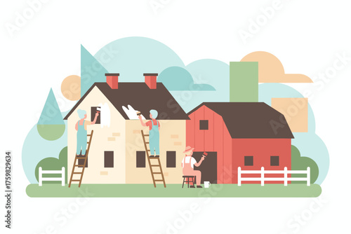 Elderly people painting a farmhouse and barn depicting home improvement and teamwork