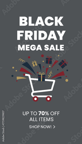 Black Friday Mega Sale banner with shopping cart and gifts Retail ecommerce promotion discount savings