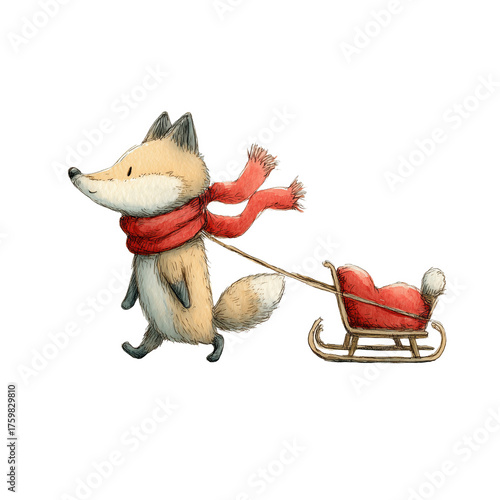 Cute fox pulling a sled in a snowy landscape wearing a cozy red scarf during winter afternoons