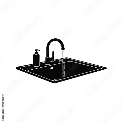 Modern kitchen sink with dispenser and flowing water realistic black and white graphic silhouette