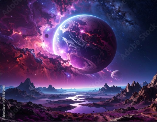 Epic cosmic vista showing an alien planet and nebula clouds