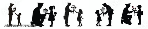 silhouette of a children give flowers to veteran soldiers
