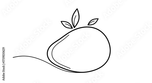 Minimalist Line Art Drawing of a Fresh Mango Fruit with Leaves.