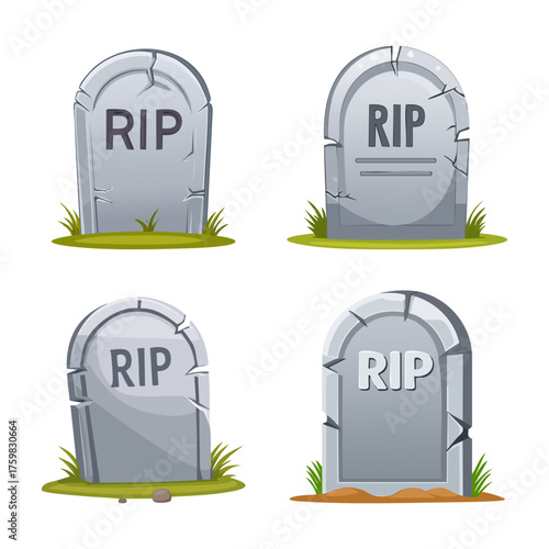 Four cartoon-style gravestones with "RIP" text, set in grass or dirt, on a white background, depicting various designs of memorial stones.