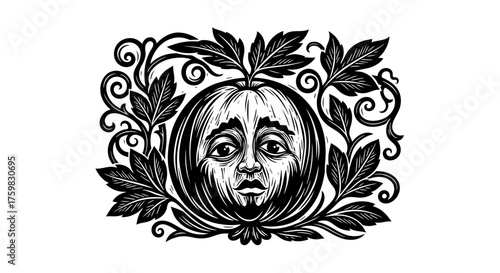Ornate Woodcut Style Illustration of a Sad Pumpkin Face with Leaves.