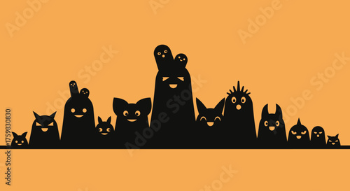 Silhouette of a group of cute and spooky Halloween monsters.