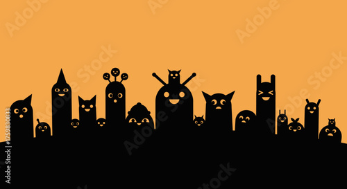 Silhouette of various cute and spooky Halloween monsters.