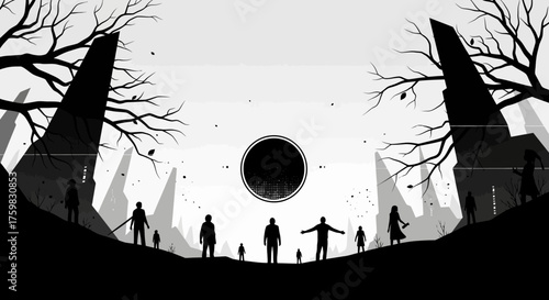 Silhouettes of people standing in a dark, mysterious landscape with a black sun.