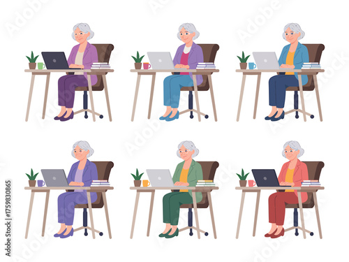 Senior woman working on laptop different color variations isolated vector set