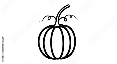 Simple Black and White Outline Drawing of a Pumpkin with Tendrils.