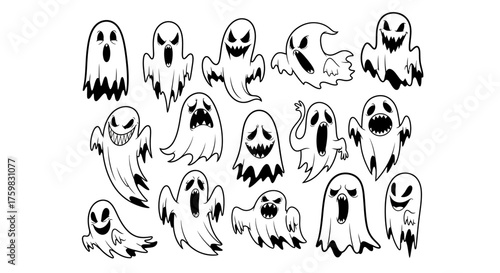 Spooky Halloween Ghost Collection Hand Drawn Cartoon Illustration.