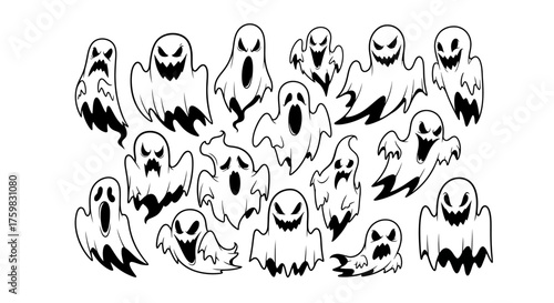 Spooky Halloween Ghosts Collection Hand Drawn Cartoon Doodle Set.