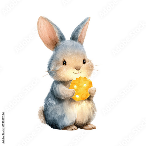 Cute blue rabbit holding a cookie in a playful watercolor style illustration