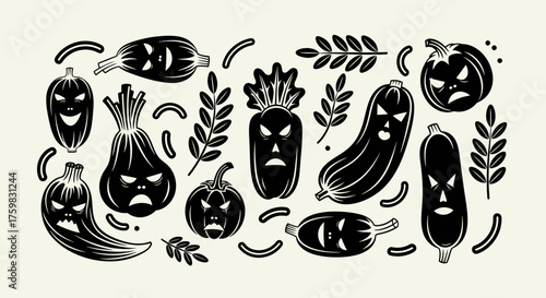 Spooky Halloween Vegetables with Carved Faces and Leaves.