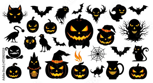 Spooky Halloween Silhouettes Collection with Jack-o-Lanterns, Bats, and Creepy Creatures.