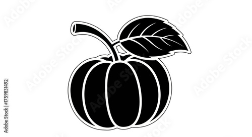 Stylized Black and White Pumpkin with Leaf Graphic Design.