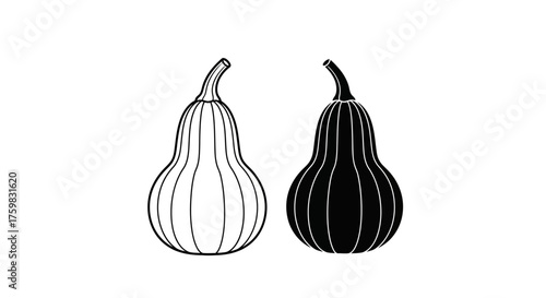 Two Stylized Gourd Silhouettes Black and White Outline and Solid Fill.