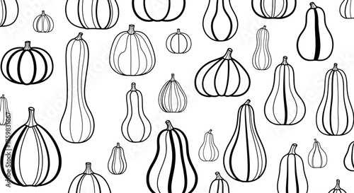 Various types of pumpkins and gourds in a seamless pattern.