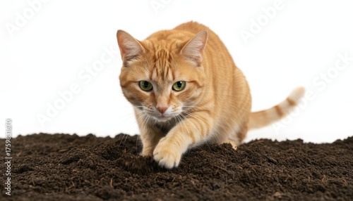 Ginger tabby reaches forward to dig into loose, dark soil against a seamless white background
