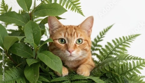 Close-up portrait of an orange tabby nestled among fresh fern fronds. The cat’s green eyes and soft whiskers pop against the vivid foliage for a calm, nature-inspired feel.
