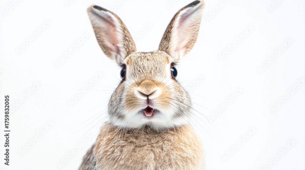 Fototapeta premium A brown and white rabbit with a surprised expression on a white background.