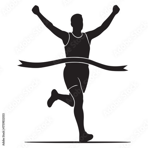 Silhouette of a triumphant runner crossing the finish line with arms raised in victory isolated on white background