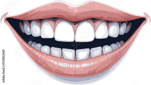 A bright, stylized smile featuring pink lips and white teeth. This vector illustration conveys happiness, friendliness, and positive energy, suitable for dental, health, and lifestyle themes