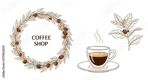 Elegant coffee shop branding with steaming espresso and botanical coffee bean wreath ready for your cafe logo and menu design project