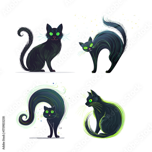 Four stylized black cats with glowing green eyes and mystical green outlines in various poses on a white background, evoking a magical theme.