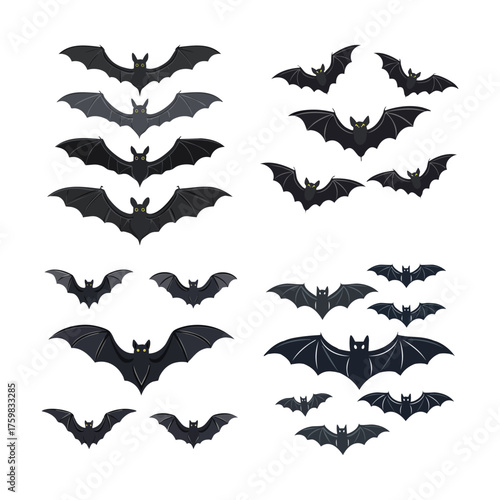 A collection of various black bat silhouettes in different sizes and flight poses, arranged in four distinct groups, ideal for Halloween decorations.