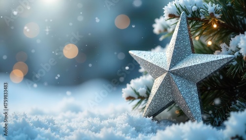Silver star on a snowy frosted Christmas tree, snow, rustic