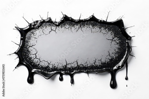 Single black drop sticker with cracked surface, dripping effect, damaged, cracked