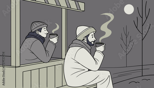  Two Pathan friends wearing shalwar kamiz sitting on a wooden bench at tea stall, sipping hot chai from steel cups, steam visible in cold air, foggy winter night with dim street lights.