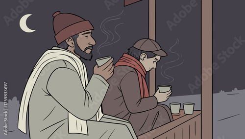  Two Pathan friends wearing shalwar kamiz sitting on a wooden bench at tea stall, sipping hot chai from steel cups, steam visible in cold air, foggy winter night with dim street lights.