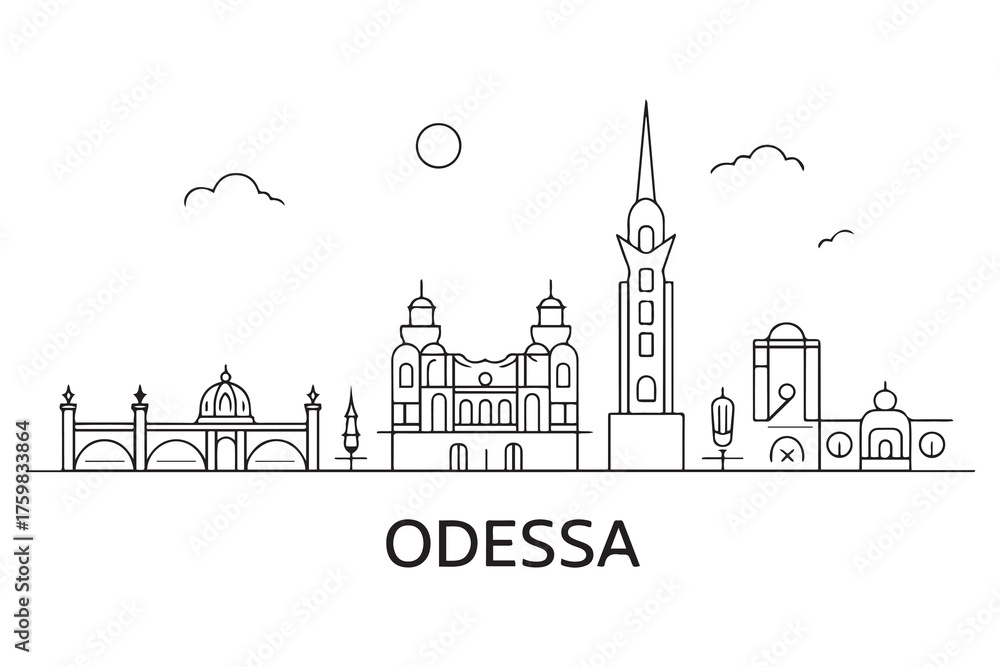 Fototapeta premium Odessa Line Art skyline horizontal banner. Odessa, Ukraine. Vector template for your design. with white background