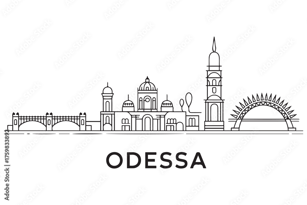 Fototapeta premium Odessa Line Art skyline horizontal banner. Odessa, Ukraine. Vector template for your design. with white background