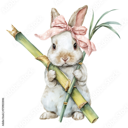 Cute rabbit with a pink bow holding bamboo in a cheerful watercolor style