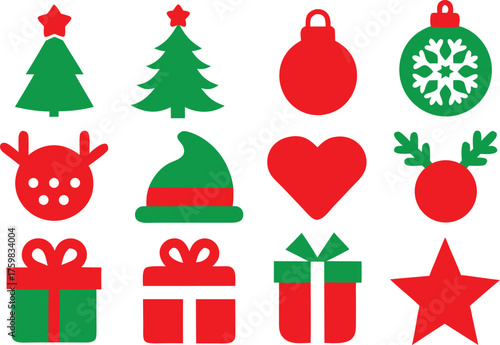 15 Red and green Christmas icon set vector art illustration